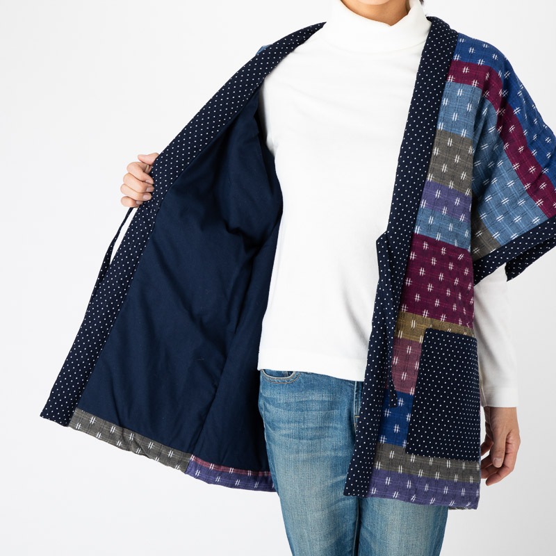 綿入れはんてん ランダム切替奴型 女性用 ＜日本製 久留米産＞ 袢纏 半天 半纏 どてら ちゃんちゃんこ 丹前 おしゃれ あたたかい 部屋着 手づくり 綿100% レディース 敬老の日 プレゼント