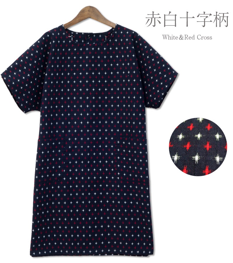 女性用後ボタン半袖チュニック ドビー織<日本製久留米産ワンピース・ブラウス>