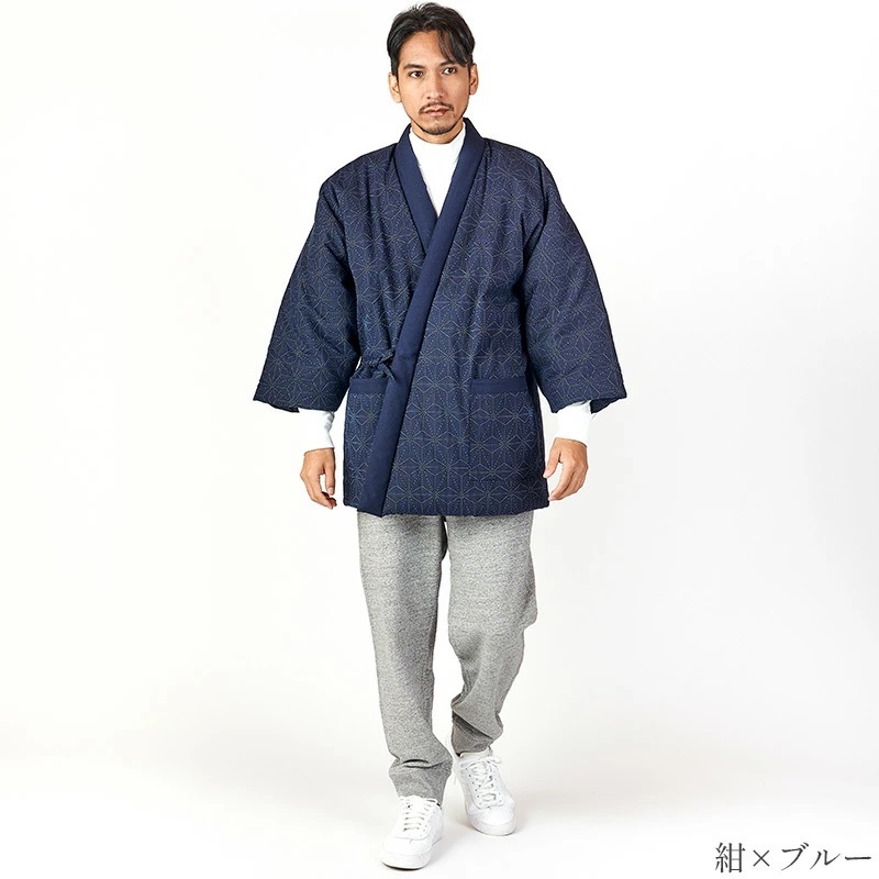 日本製 前合わせ はんてん メンズ 男性用 久留米織 麻の葉柄 四つ紐 綿入りはんてん 半纏 袢纏 半天 どてら ちゃんちゃんこ 丹前 前とじ 防寒 おしゃれ 防寒 ギフト  敬老の日 プレゼント