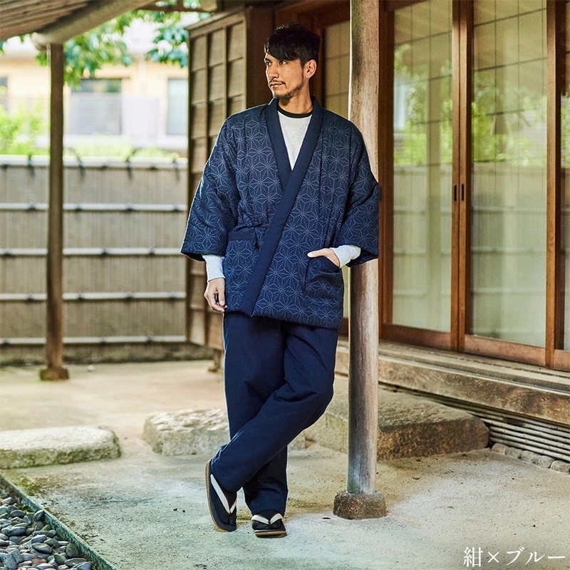 日本製 前合わせ はんてん メンズ 男性用 久留米織 麻の葉柄 四つ紐 綿入りはんてん 半纏 袢纏 半天 どてら ちゃんちゃんこ 丹前 前とじ 防寒 おしゃれ 防寒 ギフト  敬老の日 プレゼント