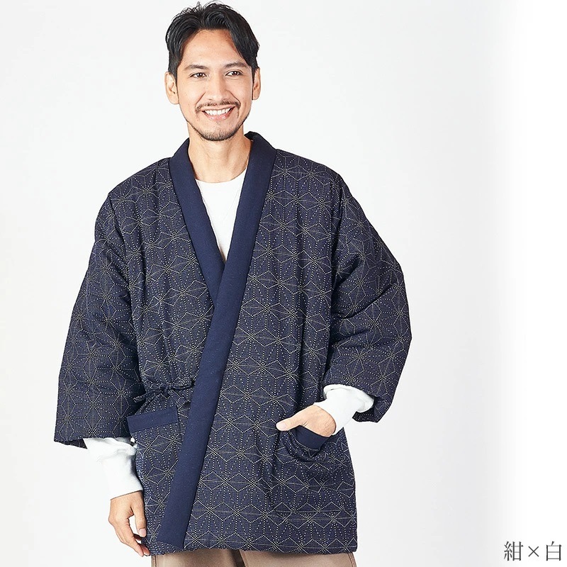 日本製 前合わせ はんてん メンズ 男性用 久留米織 麻の葉柄 四つ紐 綿入りはんてん 半纏 袢纏 半天 どてら ちゃんちゃんこ 丹前 前とじ 防寒 おしゃれ 防寒 ギフト  敬老の日 プレゼント