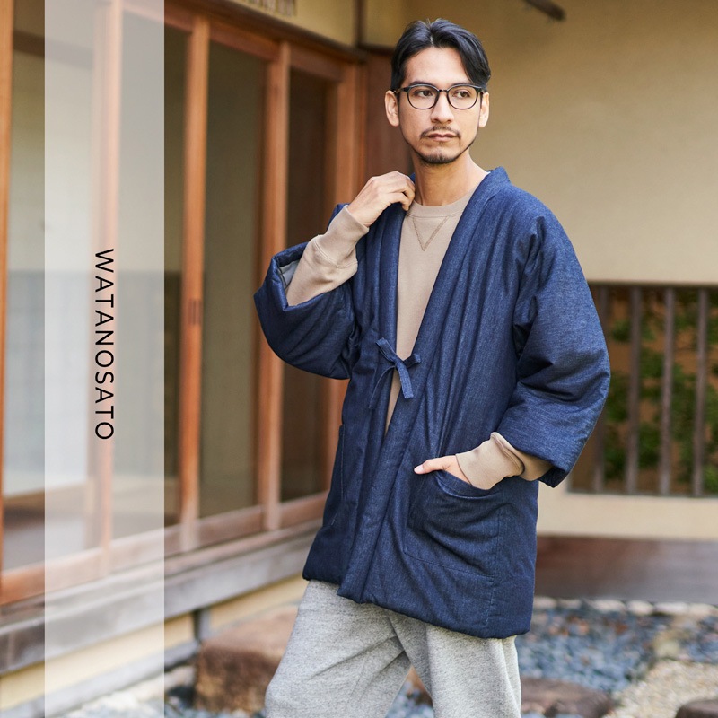 日本製 岡山デニム はんてん メンズ 男性用 久留米 綿入りはんてん 半纏 袢纏 半天 どてら ちゃんちゃんこ 丹前 防寒 おしゃれ カジュアル オシャレ フリーサイズ 大きいサイズ ギフト プレゼント 暖かい