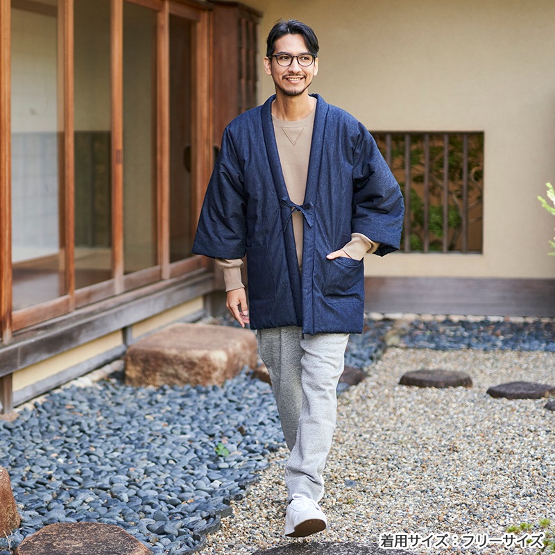 日本製 岡山デニム はんてん メンズ 男性用 久留米 綿入りはんてん 半纏 袢纏 半天 どてら ちゃんちゃんこ 丹前 防寒 おしゃれ カジュアル オシャレ フリーサイズ 大きいサイズ ギフト プレゼント 暖かい