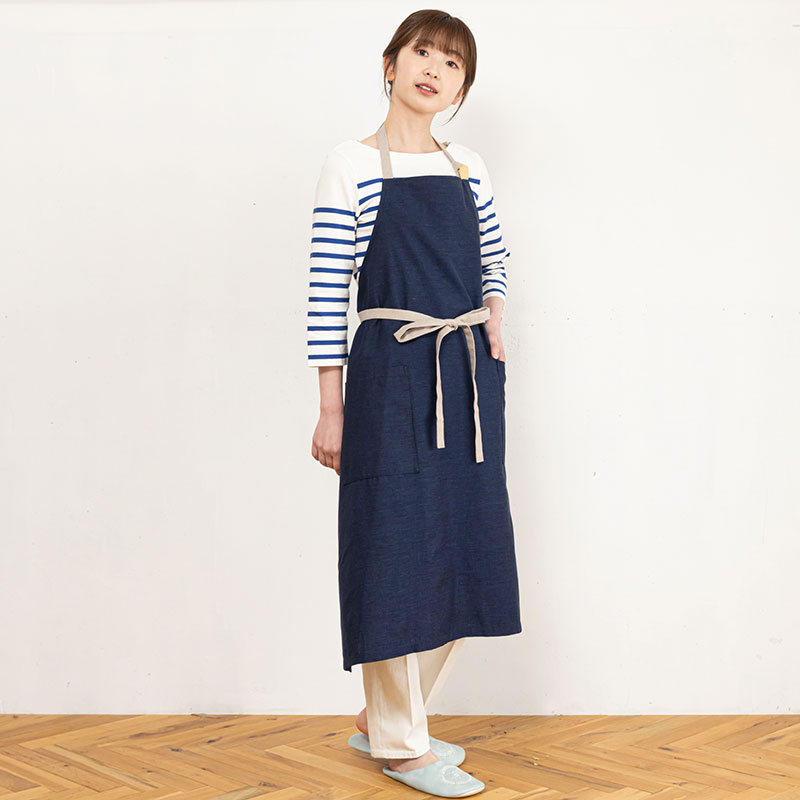 日本製 カフェスタイル エプロン 久留米織 レディース メンズ 男女兼用 先染めタンブラー加工 カフェエプロン キッチン カジュアル 作業用 おしゃれ 綿100% かわいい プレゼント 贈り物 ギフト