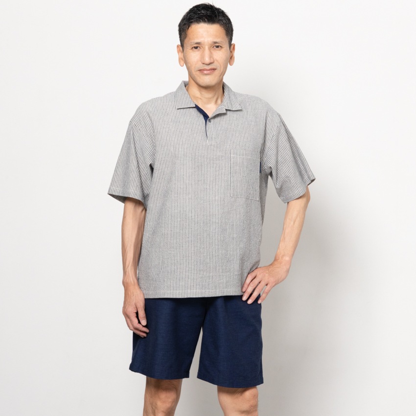 日本製 父の日ギフト プレゼント メンズ 本場 久留米織 ちぢみ織 ポロシャツ ポロ polo 半袖 ホームウェア ルームウェア おしゃれ 夏用 涼しい快適素材 実用的 綿100% 御祝い お礼 敬老の日 サイズ M L LL  XL