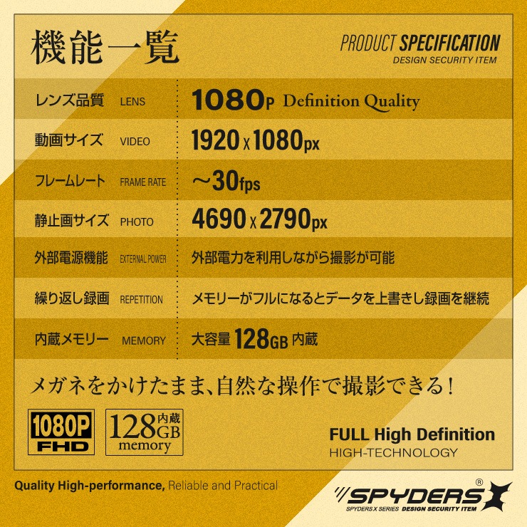 スパイダーズX スパイカメラ 1080P メガネ型カメラ 小型カメラ E-206