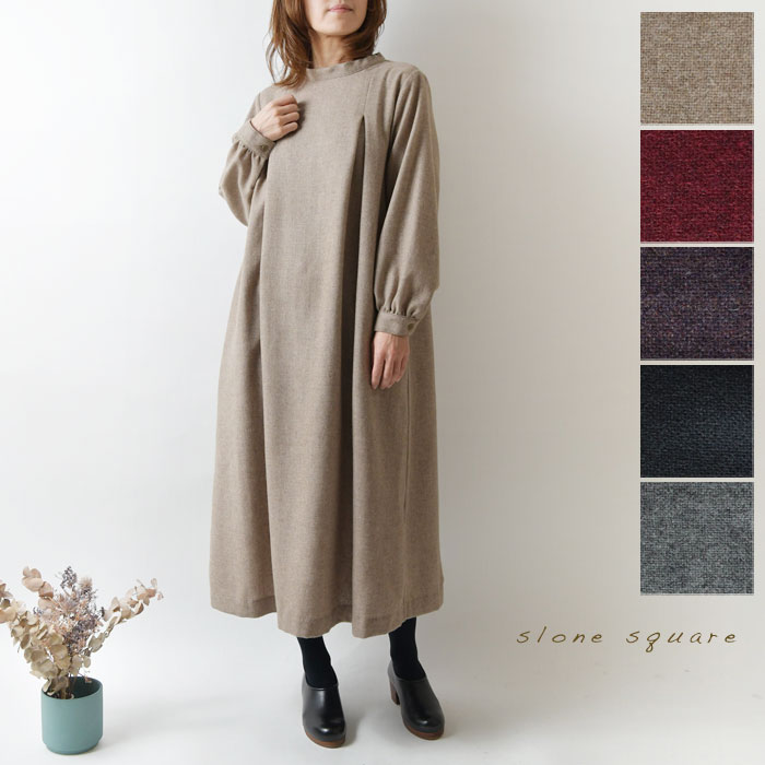 10%OFFクーポン＆ポイント5倍！【slone square スロンスクエア】ウール エターミン 2タック ワンピース (28138)レディース 長袖  カジュアル ナチュラル プルオーバー 秋 冬