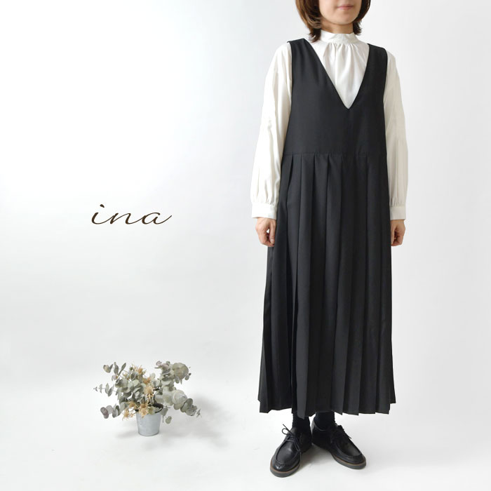 10%OFFクーポン＆ポイント5倍！【ina イナ】胸切替タック Vネック ノースリーブ ワンピース (223159)レディース 秋 冬 ロング ゆったり 体型カバー オケージョン 冠婚葬祭 ハレの日