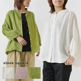 10%OFFクーポン＆ポイント5倍！【slone square スロンスクエア】フレンチリネン スタンドカラー 6分袖 ブラウス (38044)レディース 春 秋 冬 麻100％ 前開き 羽織り 無地