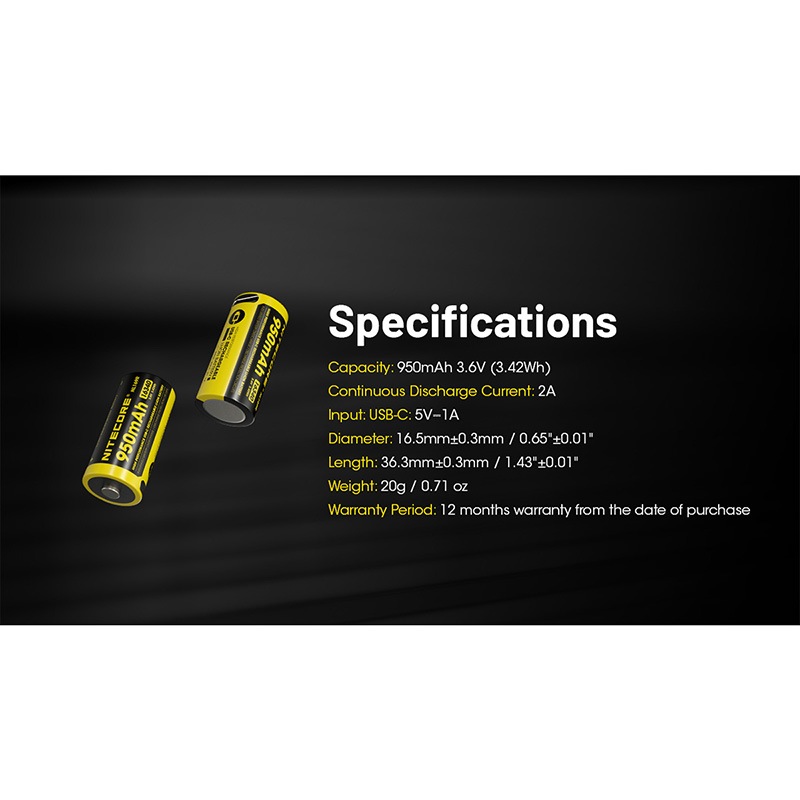 NITECORE(ナイトコア) NL169R 950mAh 3.6V (3.42Wh) 16340 USB Type-C