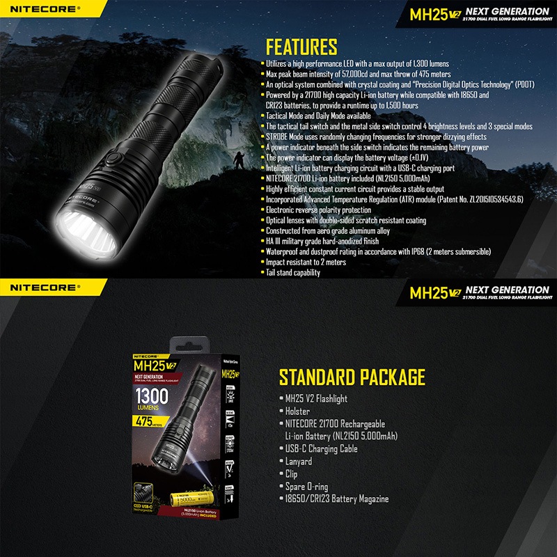 NITECORE(ナイトコア) MH25 V2 フラッシュライト 最大1300ルーメン