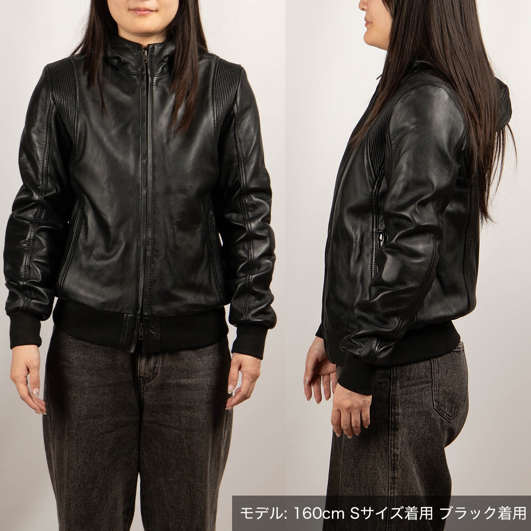 【美品】リューグーレザーズ　フード付きブラックレザージャケット バイク レディースフード付きレザージャケット[FR25WJ-5] ウェア