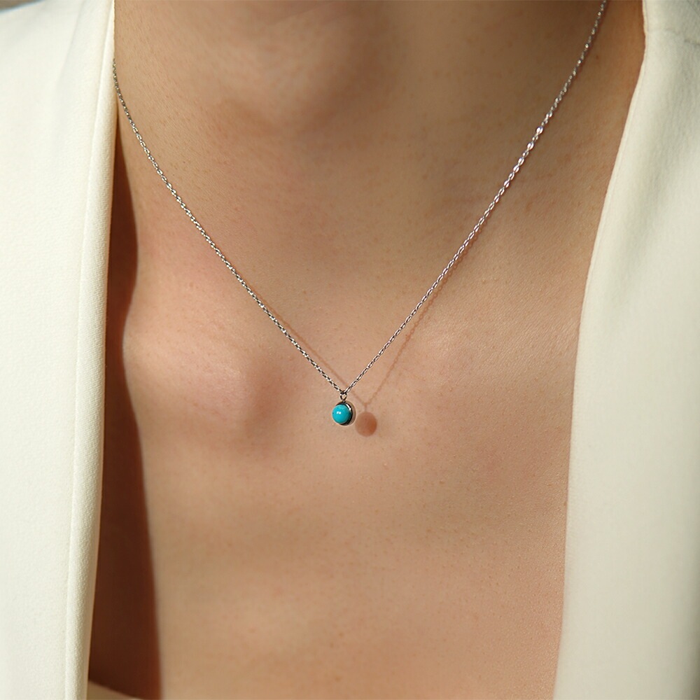 長さ調整可能 | ターコイズ4mm カボションカット ネックレス【ホワイトゴールド色】