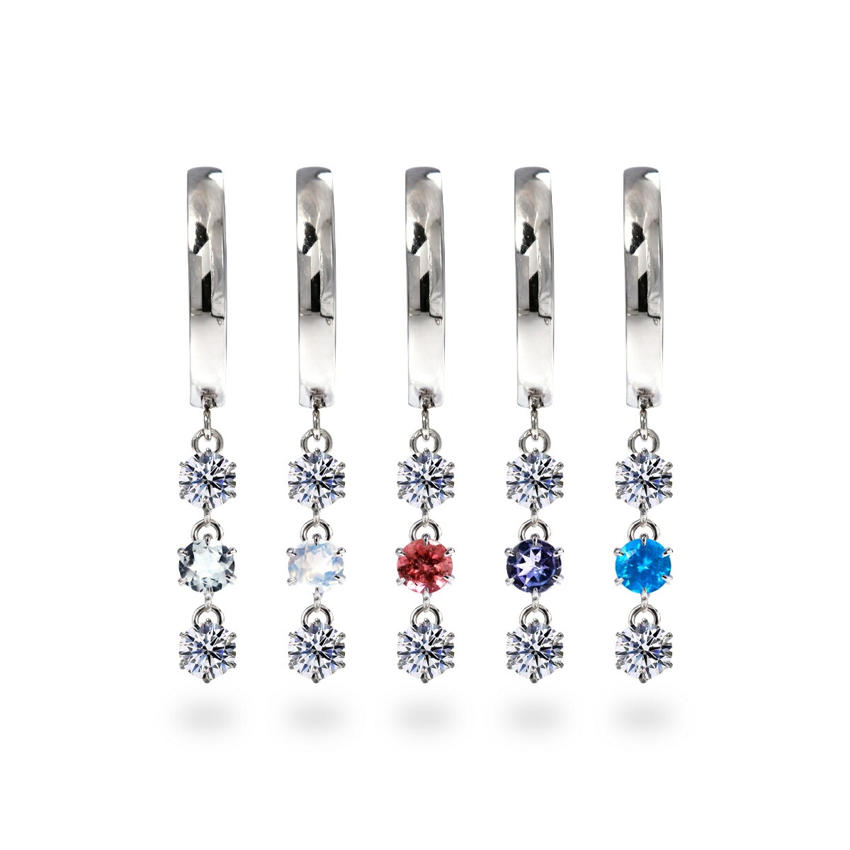 天然石×キュービック 3連 フープ 中折れ式ピアス ［3mm］