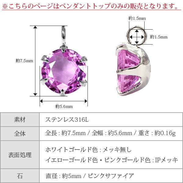 ペンダントトップ 金属アレルギー対応 ペントップ レディース 誕生日 プレゼント ステンレス316 トップ 天然石 誕生石(09月) ピンクサファイヤ