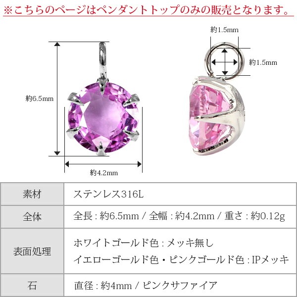 ペンダントトップ 金属アレルギー対応 ペントップ レディース 誕生日 プレゼント ステンレス316 トップ 天然石 誕生石(09月) ピンクサファイヤ