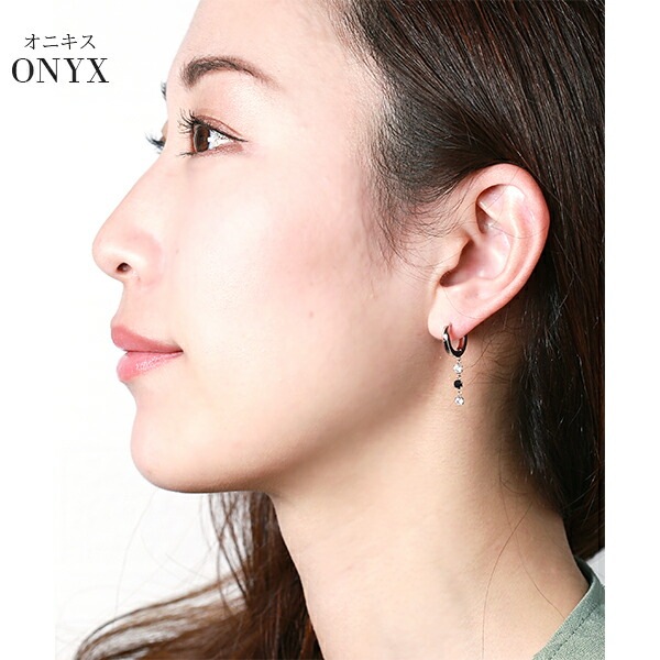 天然石×キュービック 3連 フープ 中折れ式ピアス ［3mm］