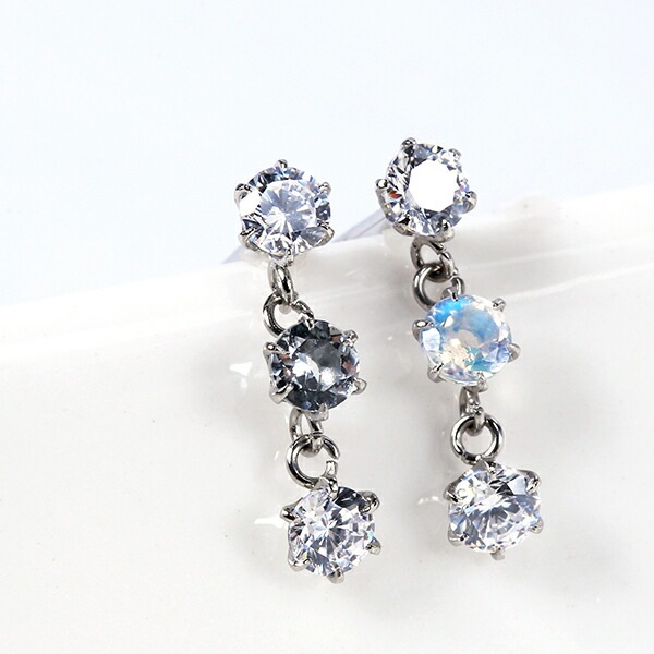 天然石×キュービック 3連 スタッドピアス ［3mm］