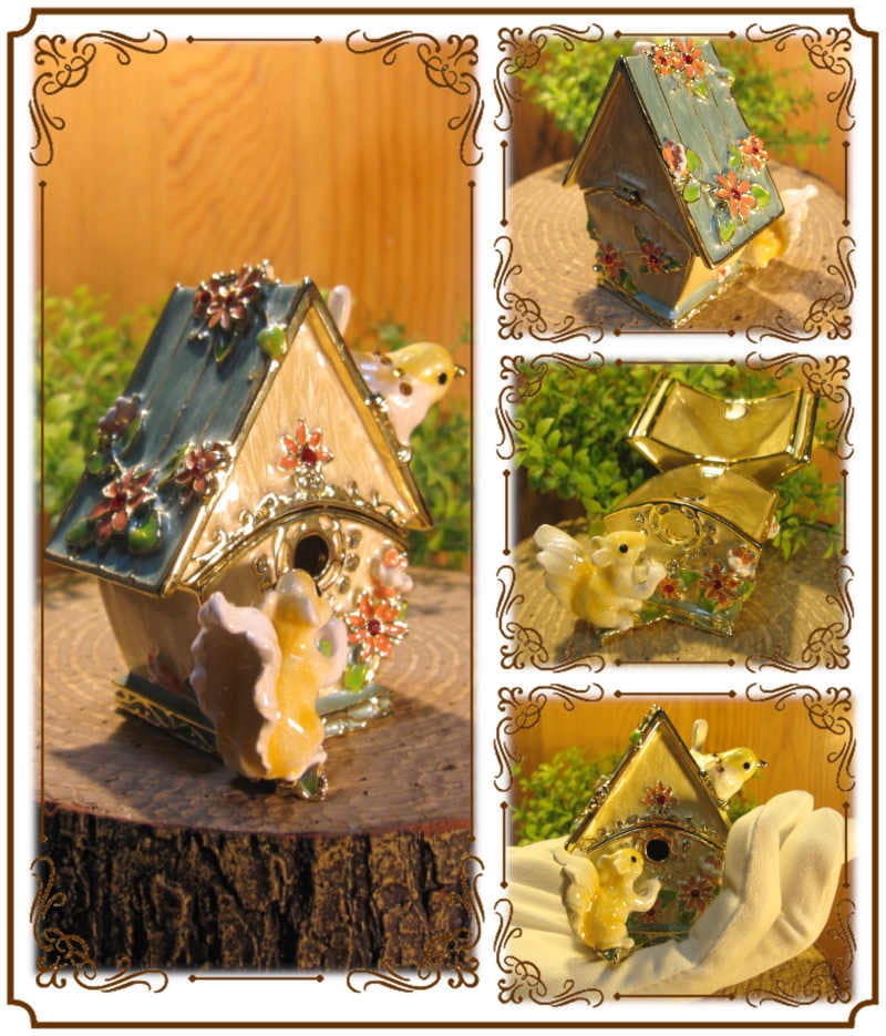 鳥 リス 置物 小物入れ バードハウス グリーン とり トリ バード りす