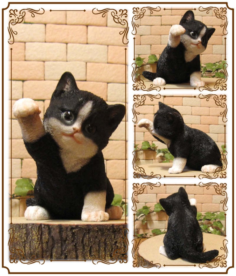 中古品【ハチワレ猫＆黒猫　猫の置物】2点セット☆ 白黒ハチワレ猫の置物(長毛種) その他インテリア雑貨 猫ハウス