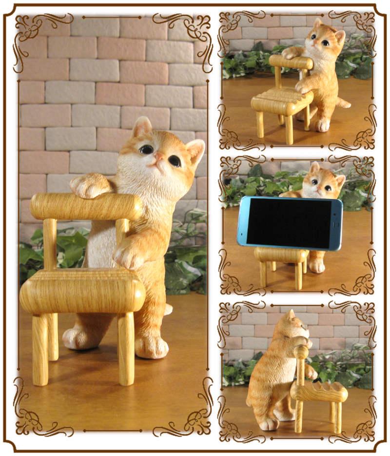 リアルな猫の置物 チャトラ スマホスタンド キャット チェアータイプ