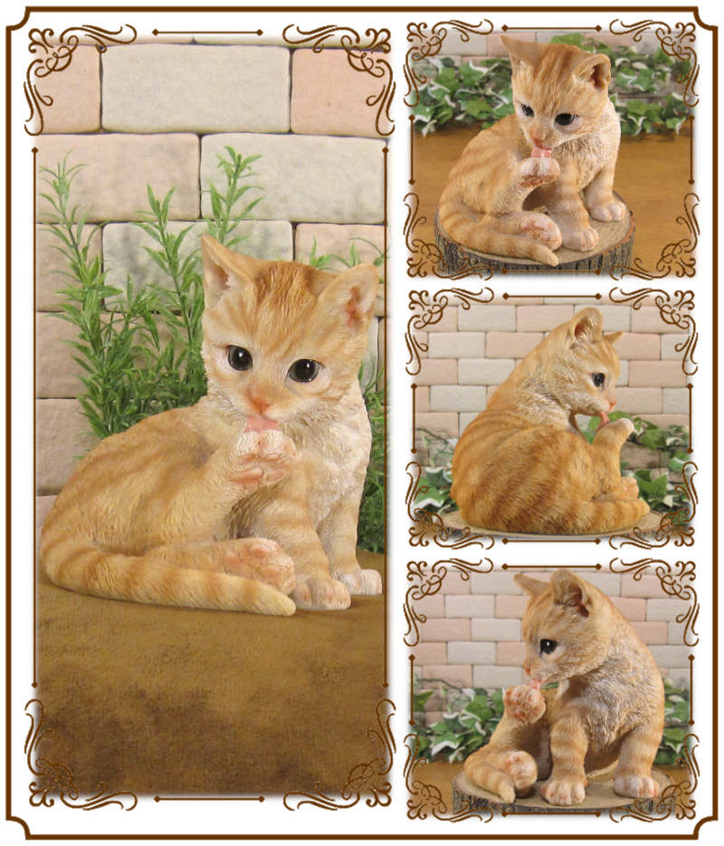 リアルな猫の置物 キャット 毛づくろい チャトラ ねこ 動物オブジェ