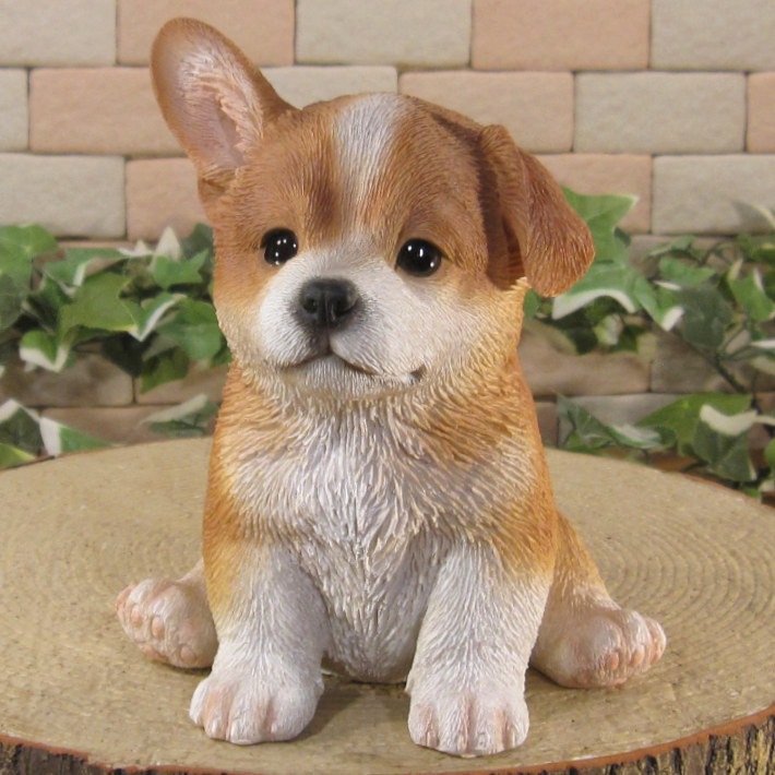 犬の置物 仔ウエルシュ・コーギー お座り リアルな犬の置物 子いぬ