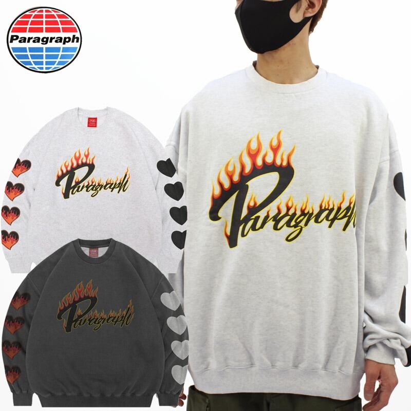 パラグラフ(paragraph) FIRE HEART WASH SWEAT NO.08-014/ ファイヤー ハート ウォッシュ クルーネック スウェット トレーナー メンズ レディース カットソー[AA]