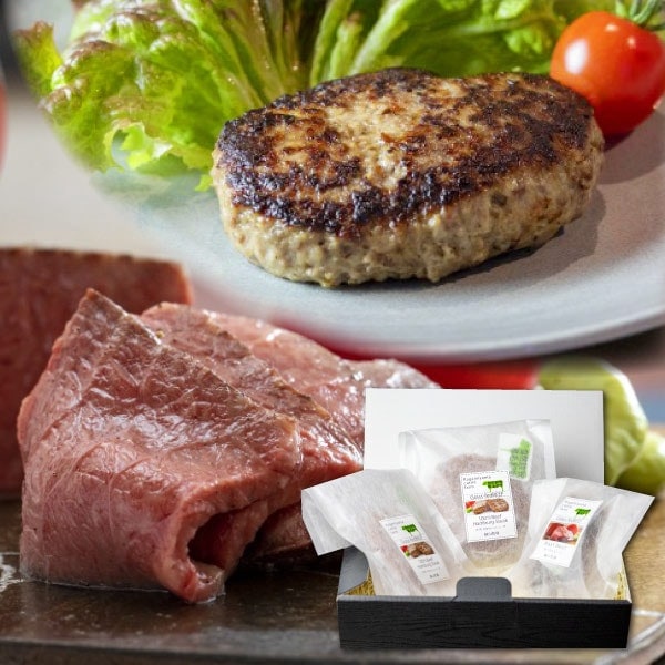 【鏡山牧場】ギフト　八崎牛のハンバーグ120g×2個・無添加ローストビーフ100g×2個