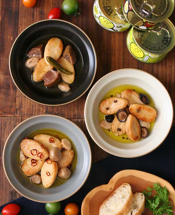 【かほり】三品皿 10個×2セット ＋ アサヒジョッキ 16個セット 武田の笹かまぼこ】canささ アヒージョ3種アソート3缶セット