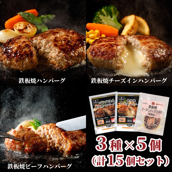 【うぃず】袋のままレンジで簡単！鉄板焼きハンバーグ3種セット（15個入り）