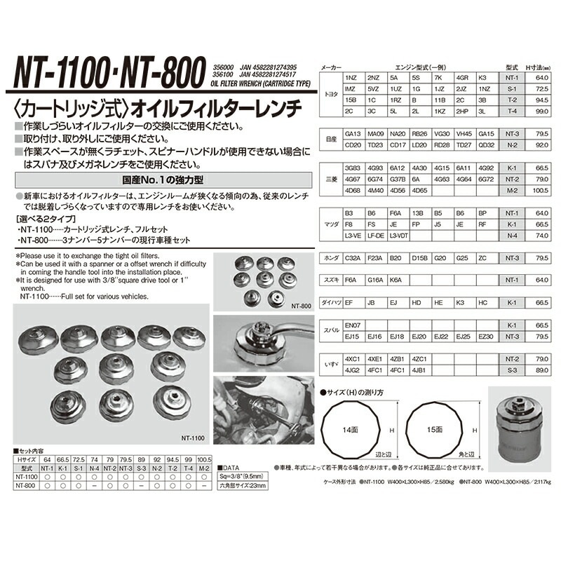 江東産業 NT-1100 カートリッジオイルフィルターレンチセット 取寄