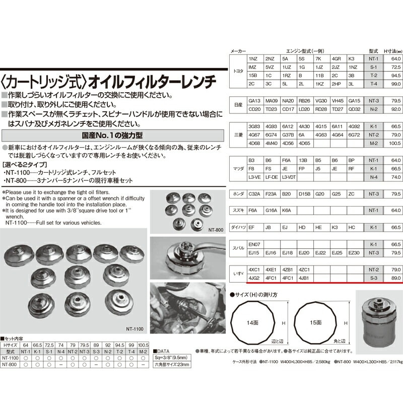 江東産業 S-3 オイルフィルターレンチ89mm 取寄