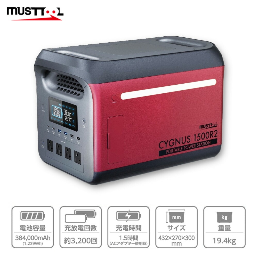 MUSTTOOL マストツール CYGNUS 1500R2 ポータブル電源 電池容量384,000mAh 最大出力1,500W 取寄