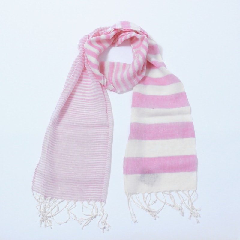 [1個]綿麻ランダムボーダーセミストール / ピンク　　