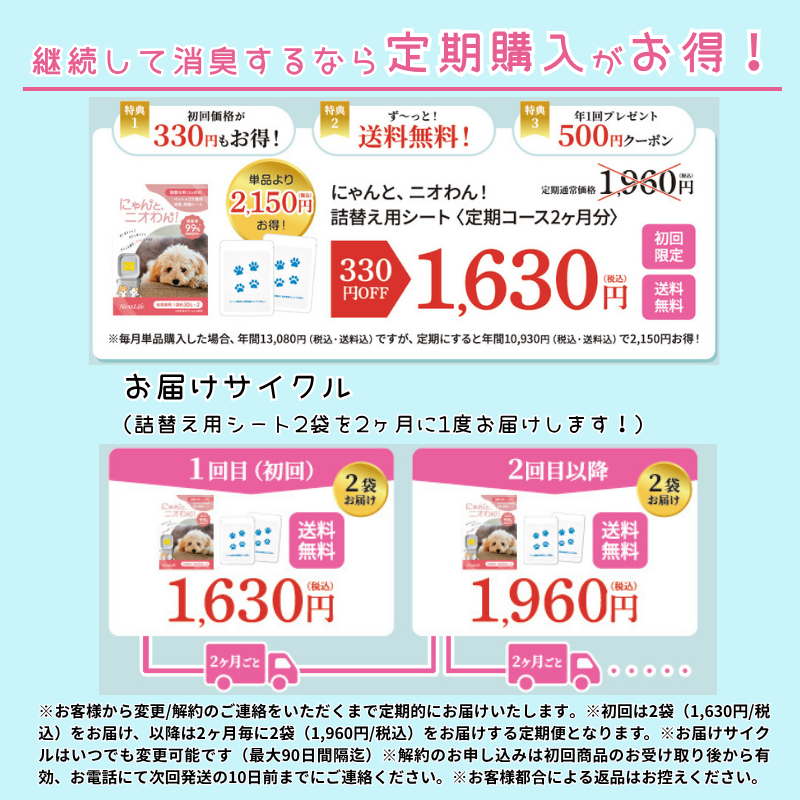 【にゃんと、ニオわん！】詰替用シート《定期コース2か月分》《送料無料》