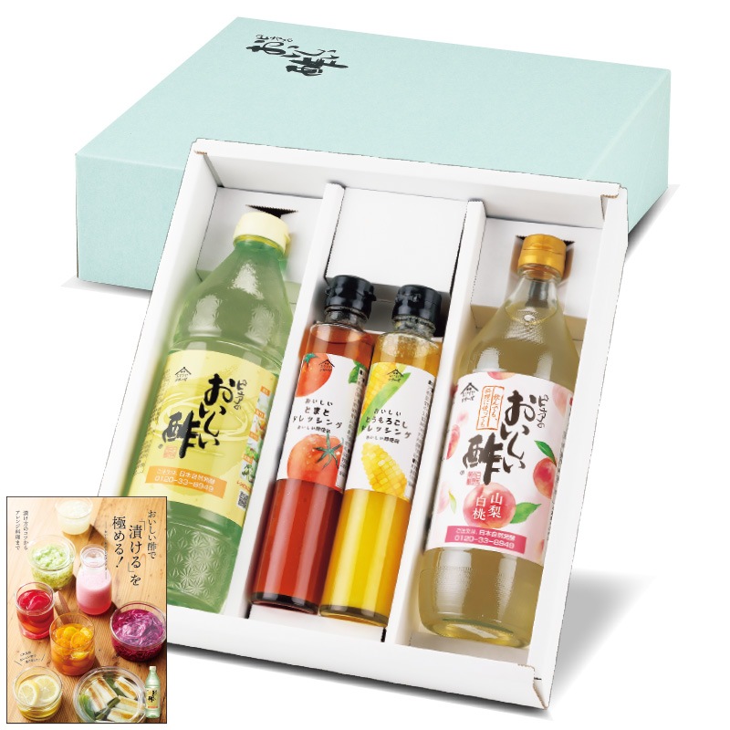 夏のドレッシングBセット2026 おいしい酢 955ml×1本 おいしい酢山梨白桃 900ml×1本 おいしい とまとドレッシング 200ml×1本 おいしい とうもろこしドレッシング 200ml×1本 レシピブック×1冊 計5点 酢 お酢 調味料 送料無料 限定 お中元 贈り物 プレゼント 健康