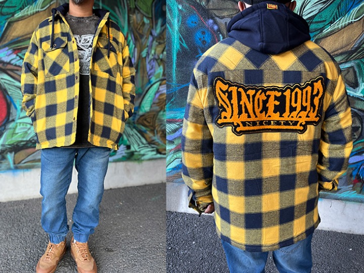 NICETY "1993" quilted flannel jacket / yellow x navy