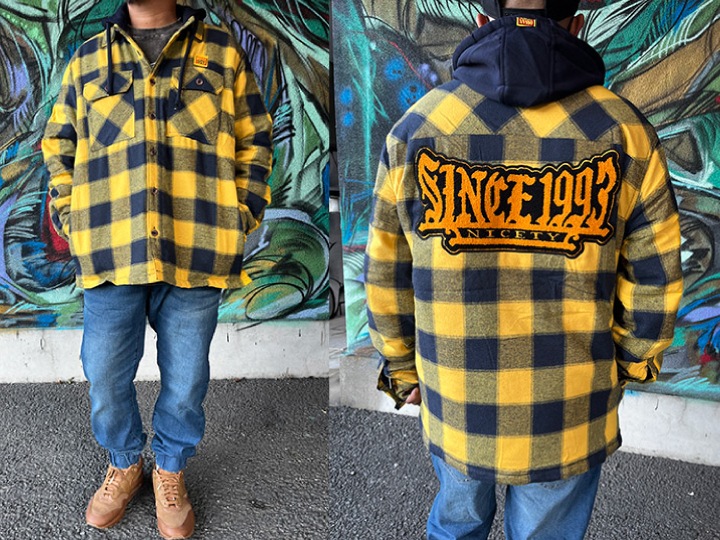 NICETY "1993" quilted flannel jacket / yellow x navy