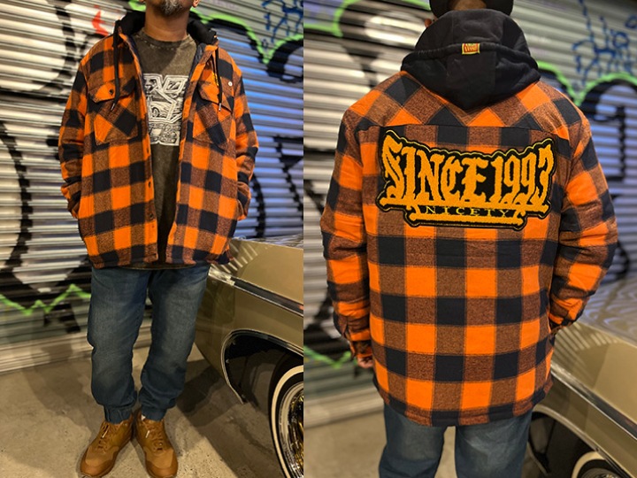 NICETY "1993" quilted flannel jacket / orange x navy-1