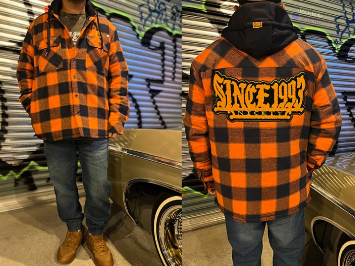 NICETY "1993" quilted flannel jacket / orange x navy-2