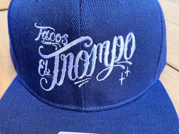 Tacos El Trompo snapback cap (script) / navy x white