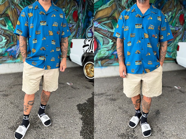 NICETY open collar button shirt (star) / blue & yellow