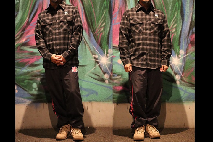 OSSANTHEHOOD check frannel shirt (lucky cat) / gray&brown