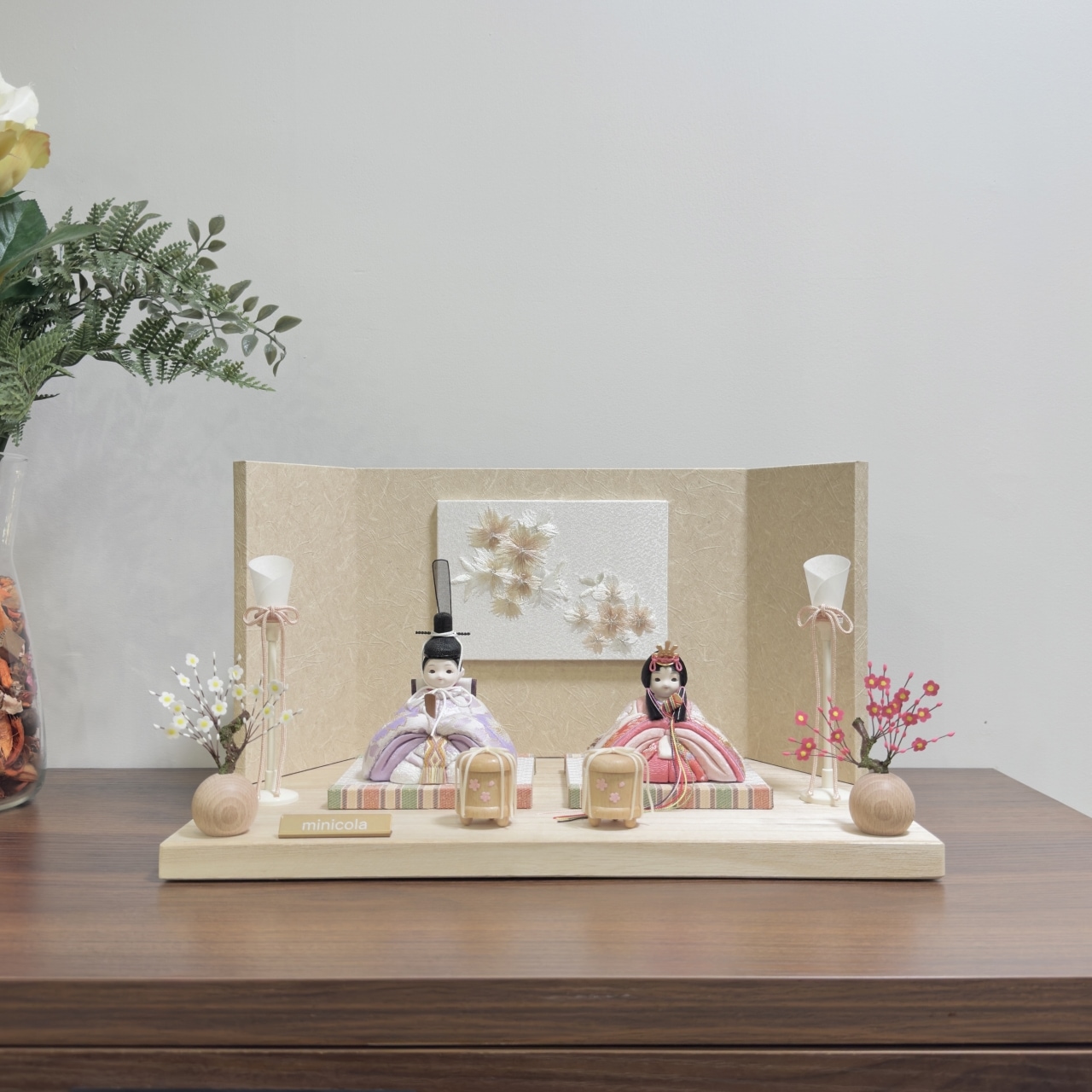 rico梨花（りんか）木目込み親王飾り雛人形 木台 亜麻色桜刺繍屏風