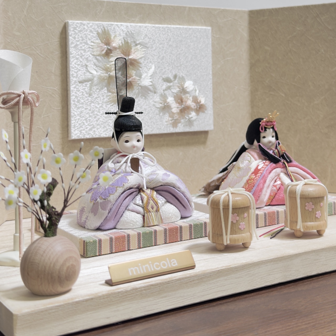 rico梨花（りんか）木目込み親王飾り雛人形 木台 亜麻色桜刺繍屏風