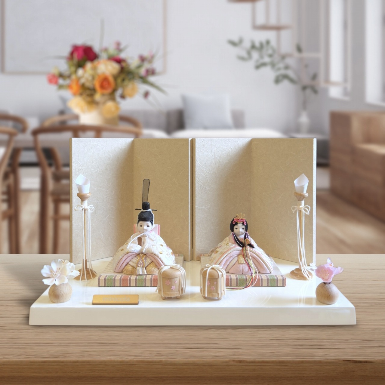 rico結愛（ゆあ）木目込み親王飾り雛人形 高岡塗白台 亜麻色和紙屏風