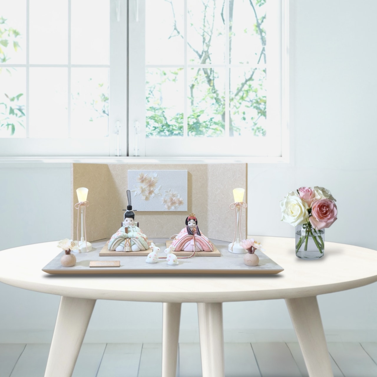 rico紗香（さやか）木目込み親王飾り雛人形 ぺブルグレー台 亜麻色桜