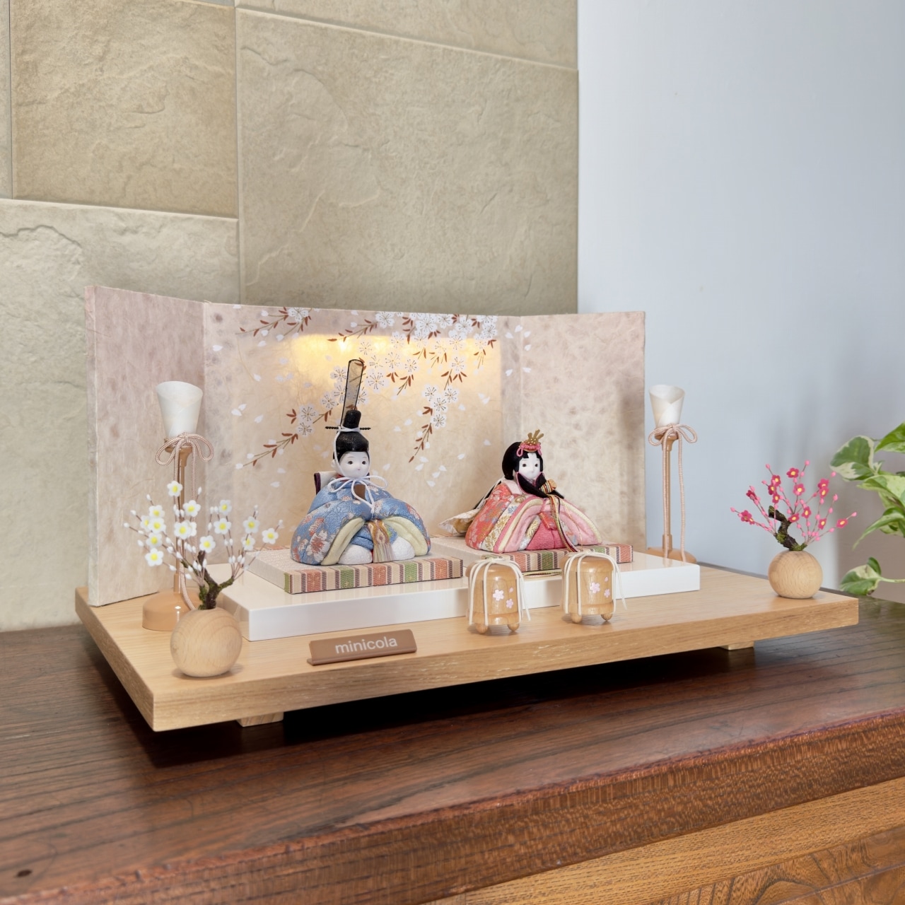 rico美琴（みこと）木目込み親王飾り雛人形 高岡塗台 しだれ桜屏風