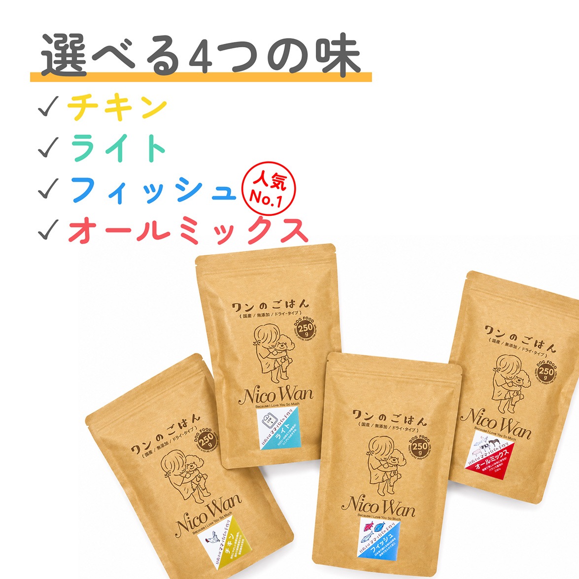 ワンのごはん 500g お試しセット (250g×2袋) NicoWan  国産 無添加 ドッグフード 小粒 小型犬向け 総合栄養食 